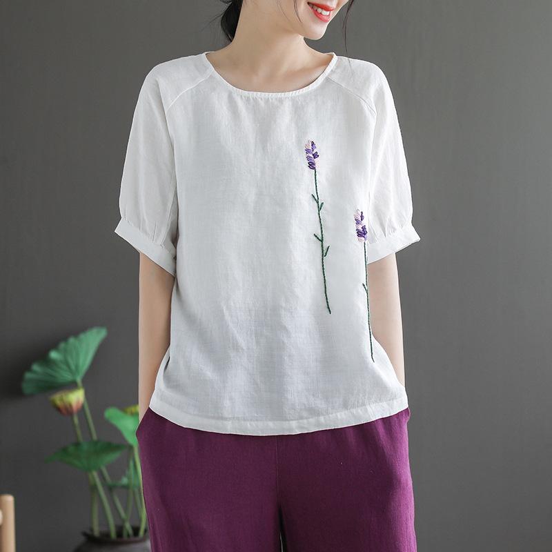 Women Loose Ethnic  Cotton Linen T-Shirt