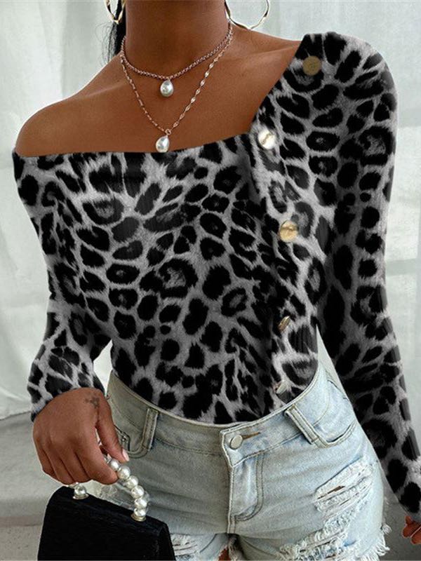 Women Off Shoulder Long Sleeve Leopard Print Top - LuckyFash™