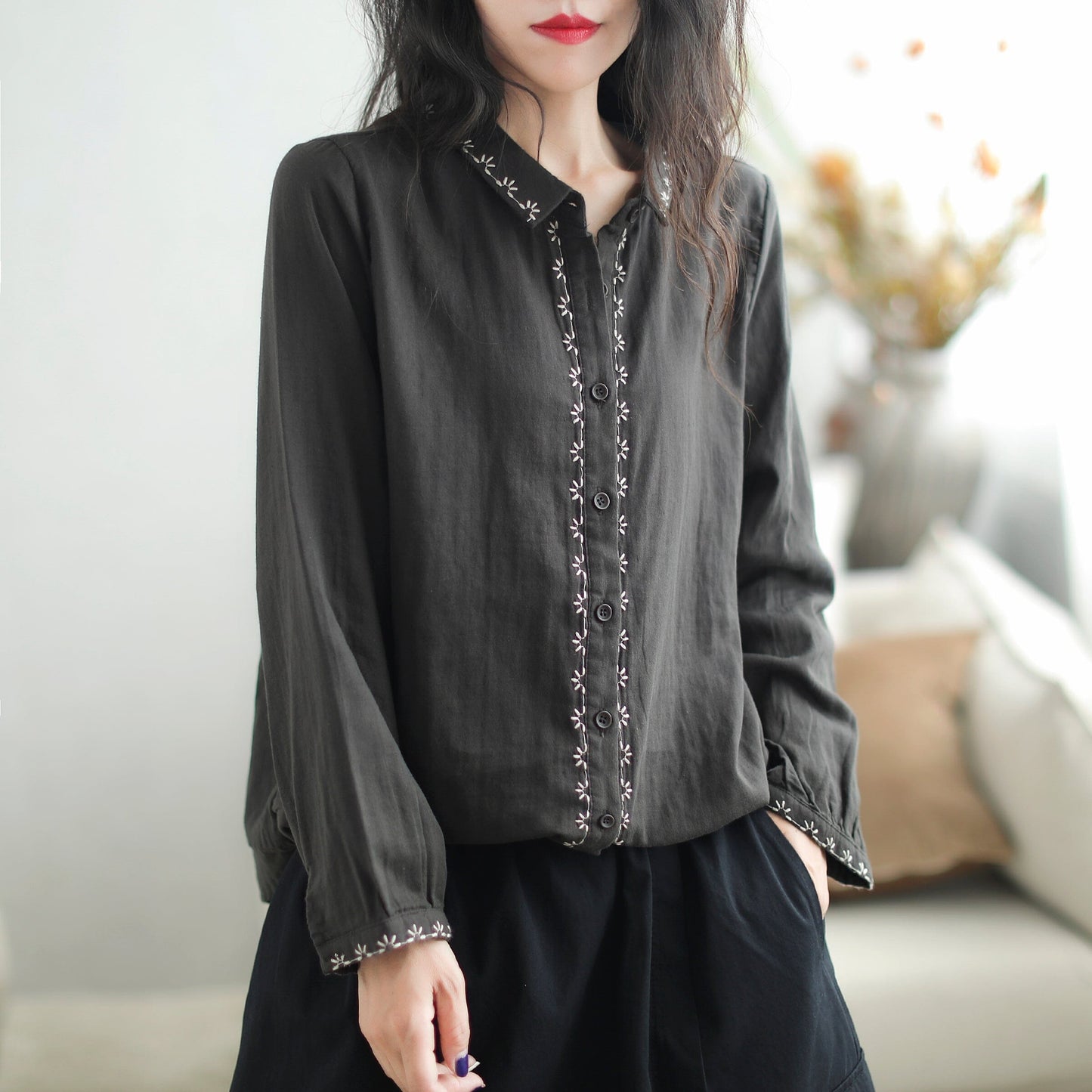 Women Retro Cotton Patchwork Loose Casual Blouse