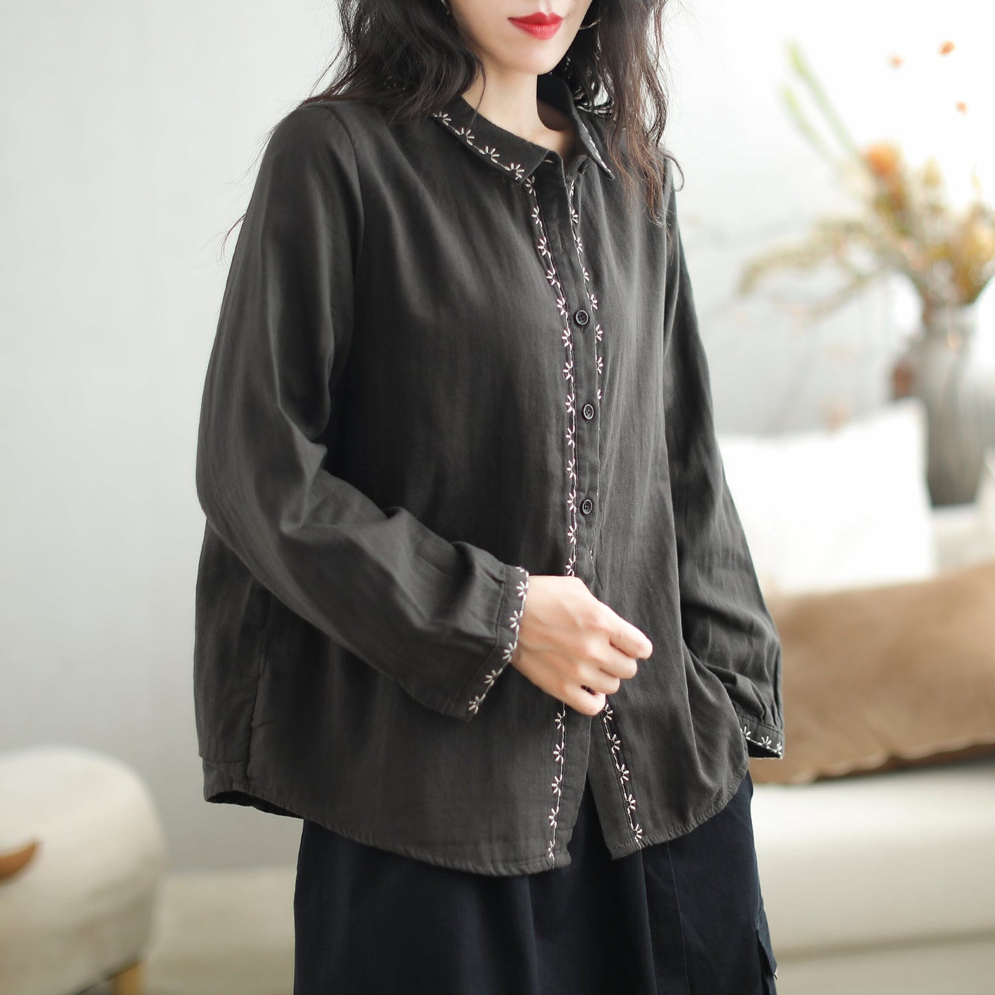 Women Retro Cotton Patchwork Loose Casual Blouse