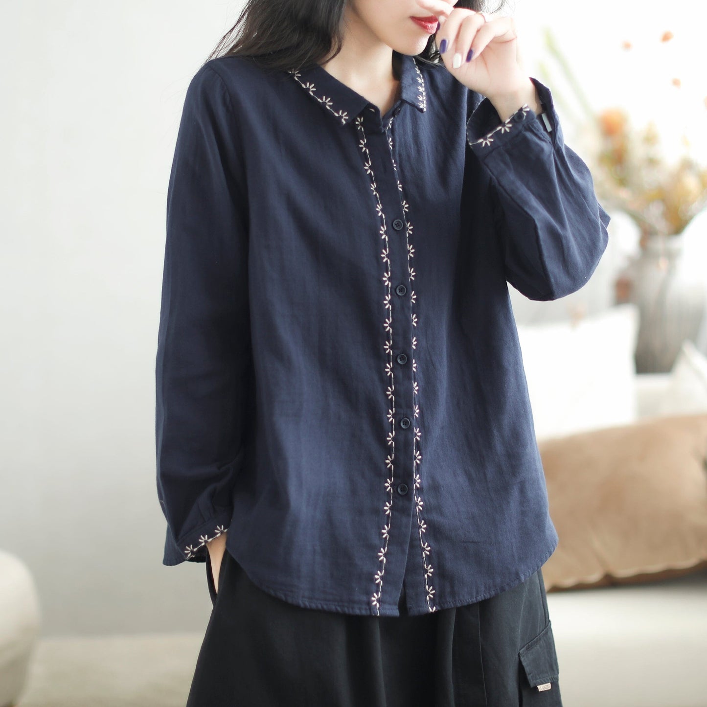 Women Retro Cotton Patchwork Loose Casual Blouse