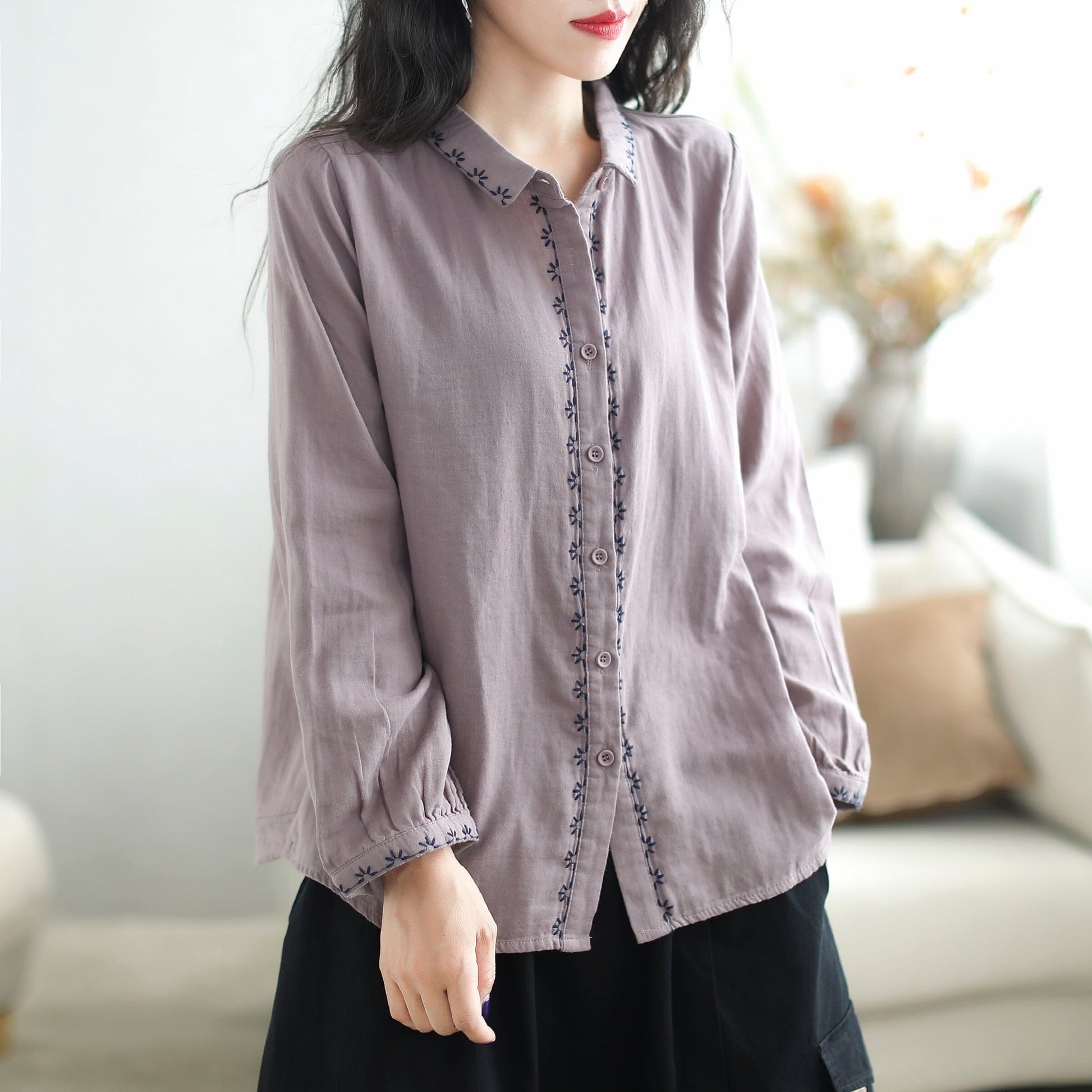 Women Retro Cotton Patchwork Loose Casual Blouse