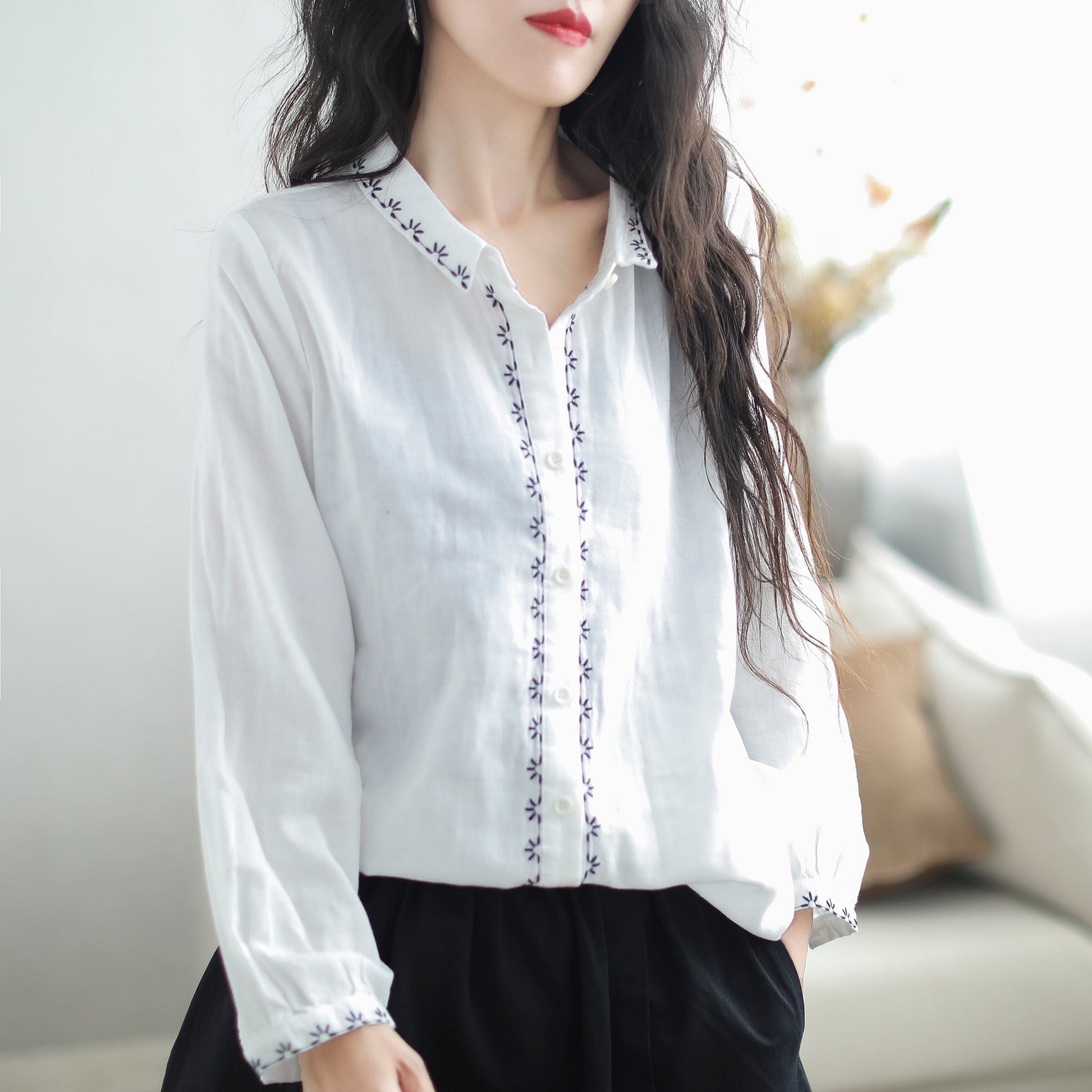 Women Retro Cotton Patchwork Loose Casual Blouse