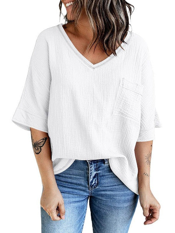 Women's Casual Cotton V-Neck Pullover Shirt with Solid Color Half Sleeves