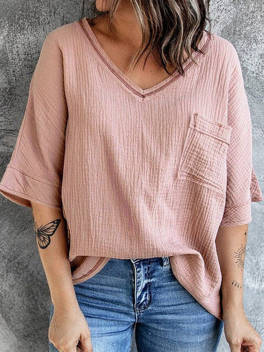 Women's Casual Cotton V-Neck Pullover Shirt with Solid Color Half Sleeves