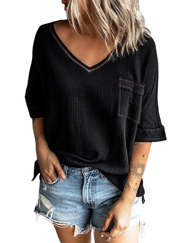 Women's Casual Cotton V-Neck Pullover Shirt with Solid Color Half Sleeves