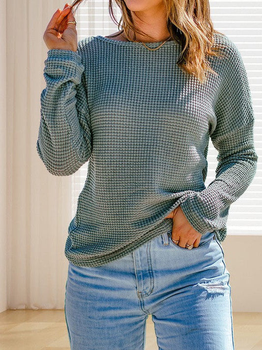 Women's Cozy Waffle Knit Pullover Sweater - Long Sleeve Round Neck Top