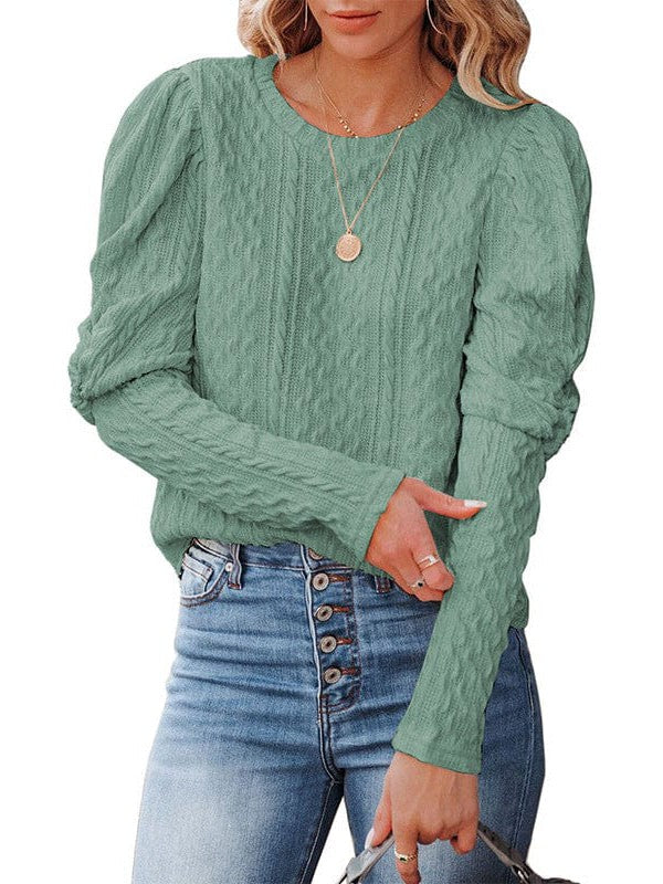 Women's Loose Fit Pullover Sweater with Round Neck and Balloon Sleeves