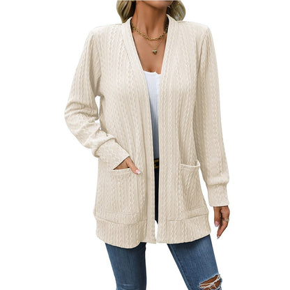 Women's solid color loose shawl mid-length twist sweater cardigan