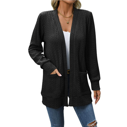 Women's solid color loose shawl mid-length twist sweater cardigan