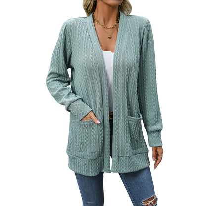 Women's solid color loose shawl mid-length twist sweater cardigan