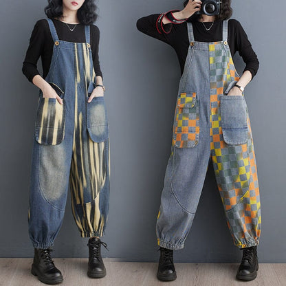 Women Spring Casual Print Loose Denim Jumpsuit