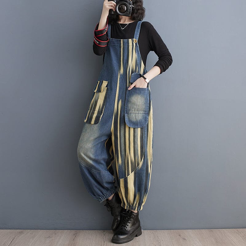 Women Spring Casual Print Loose Denim Jumpsuit