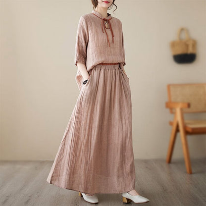 Women Summer Retro Casual Linen Top Skirt Set