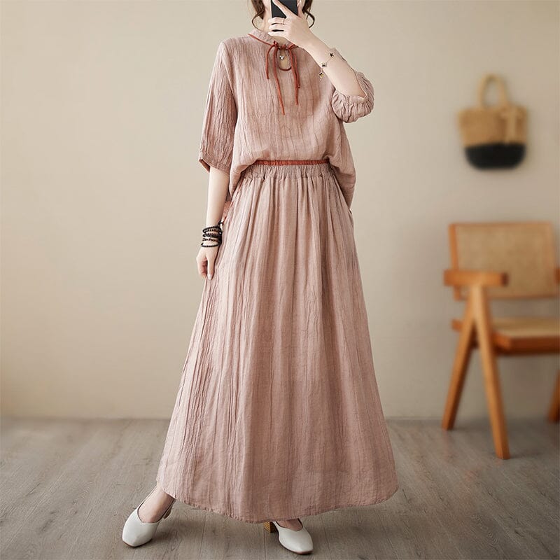 Women Summer Retro Casual Linen Top Skirt Set