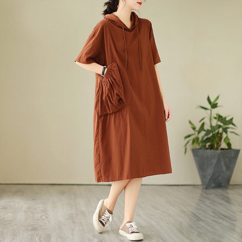 Women Summer Solid Patchwork Loose Hooded Dress