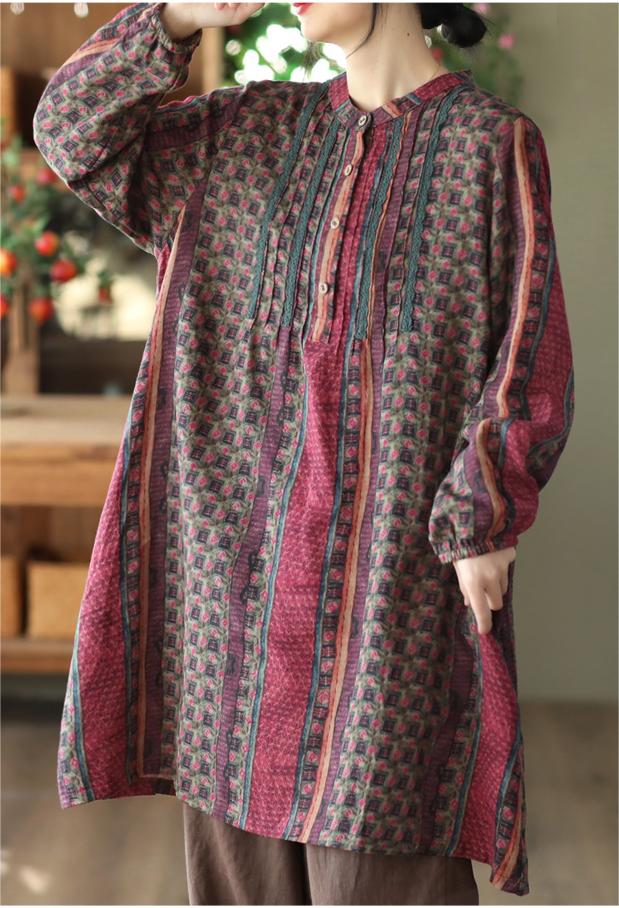 Women Vintage Printed Linen Midi Shirts