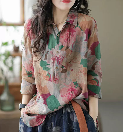 Women Vintage Printed Long Sleeves Linen Shirts