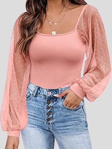 Women's Blouses Square Neck Mesh Panel Balloon Sleeves Blouse - Blouses - Instastyled | Online Fashion Free Shipping Clothing, Dresses, Tops, Shoes - 29/04/2022 - 30-40 - BLO2204291687