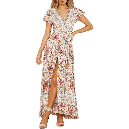 Women's Bohemian Floral Printed Wrap V Neck Maxi Dress Navy __stock:200 casual dresses clothes dresses refund_fee:1200