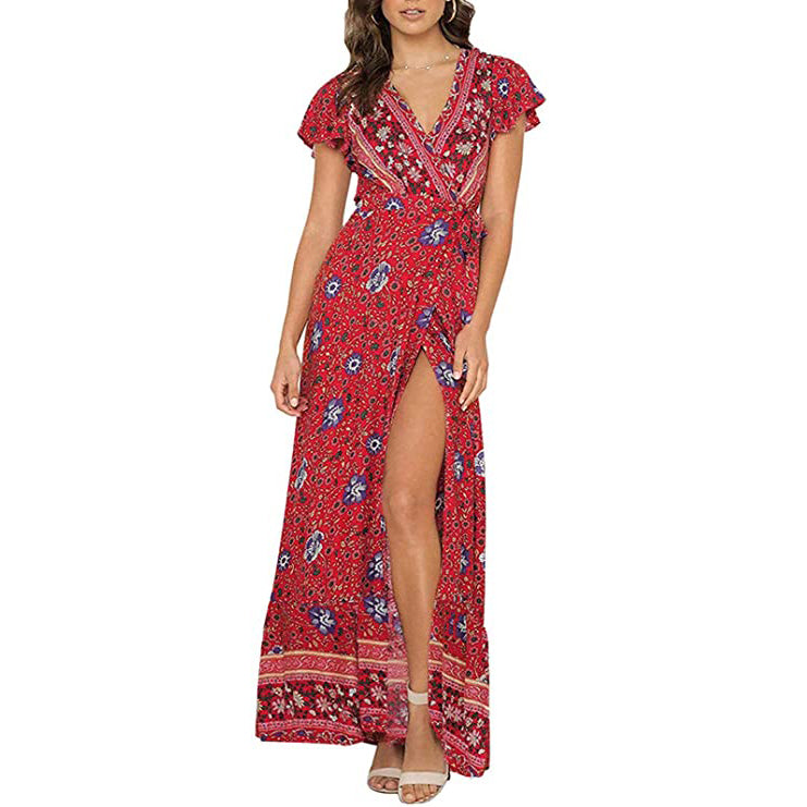 Women's Bohemian Floral Printed Wrap V Neck Maxi Dress Navy/Red __stock:200 casual dresses clothes dresses refund_fee:1200