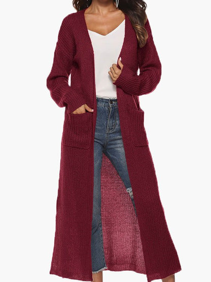 Cardigans - Solid Pocket Slit Long Sweater Cardigan - MsDressly