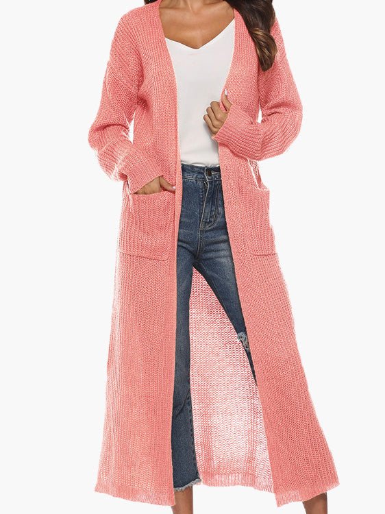 Cardigans - Solid Pocket Slit Long Sweater Cardigan - MsDressly