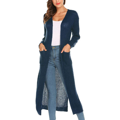 Womens Casual Long Sleeve Split Open Cardigan Knit Long Cardigan Sweaters with Pockets Brown __stock:50 Jackets & Coats refund_fee:1200