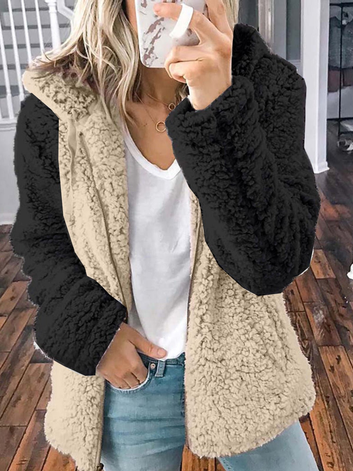 Women's Coats Colorblock Plush Casual Hooded Coats - Coats - Instastyled | Online Fashion Free Shipping Clothing, Dresses, Tops, Shoes - 26/08/2022 - 30-40 - COA2208261389