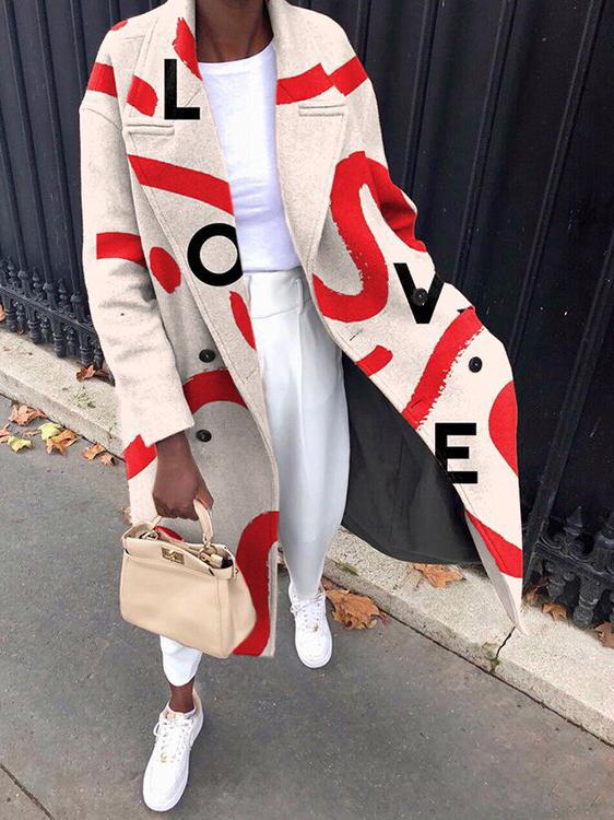 Women's Coats Fun Letter Print Lapel Button Long Woolen Coat - Coats & Jackets - INS | Online Fashion Free Shipping Clothing, Dresses, Tops, Shoes - 17/11/2021 - COA2111171312 - Coats & Jackets