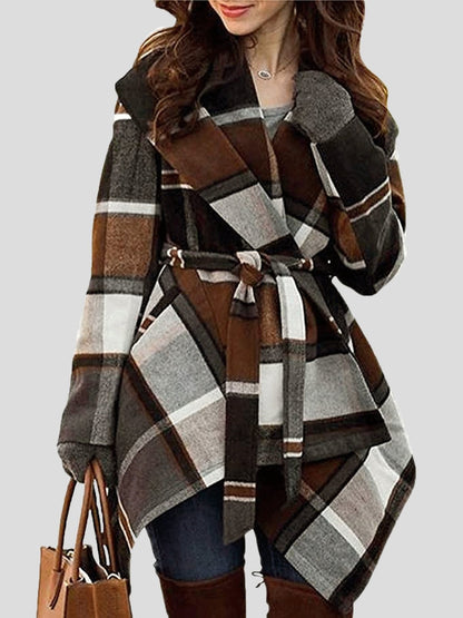 Women's Coats Lace-Up Check Color-Block Woolen Coat - Coats & Jackets - INS | Online Fashion Free Shipping Clothing, Dresses, Tops, Shoes - 03/09/2021 - 40-50 - COA2109031131