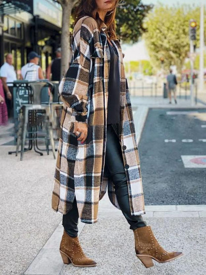 Women's Coats Lapel Plaid Slit Long Woolen Coat - Coats & Jackets - INS | Online Fashion Free Shipping Clothing, Dresses, Tops, Shoes - 16/11/2021 - COA2111161308 - Coats & Jackets