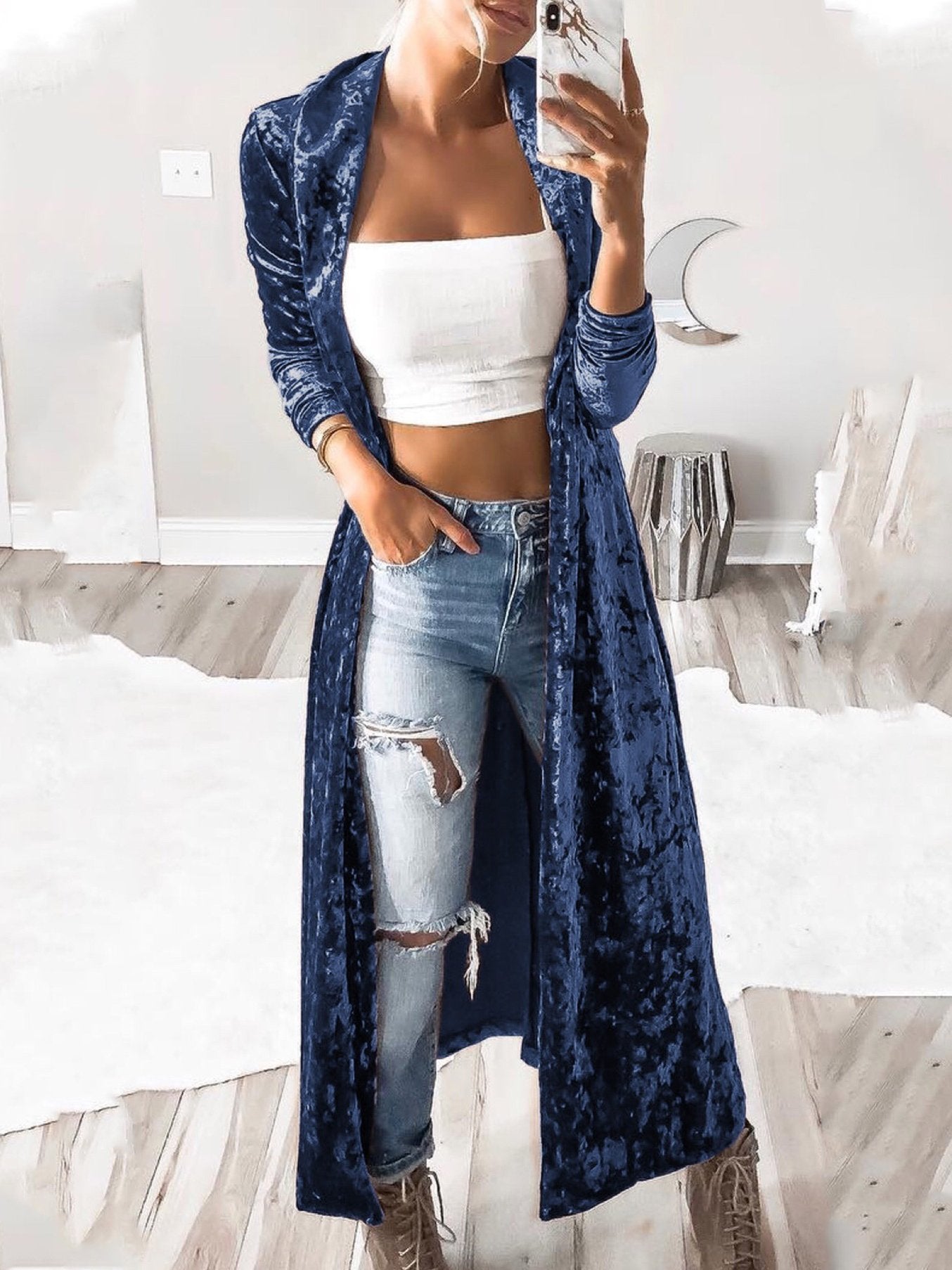 Coats Long Sleeve Velvet Long Cardigan Coat - LuckyFash™