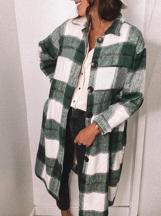 Women's Coats Loose Button Plaid Long Sleeve Mid-Length Coat - Coats & Jackets - INS | Online Fashion Free Shipping Clothing, Dresses, Tops, Shoes - 02/11/2021 - 30-40 - COA2111021269