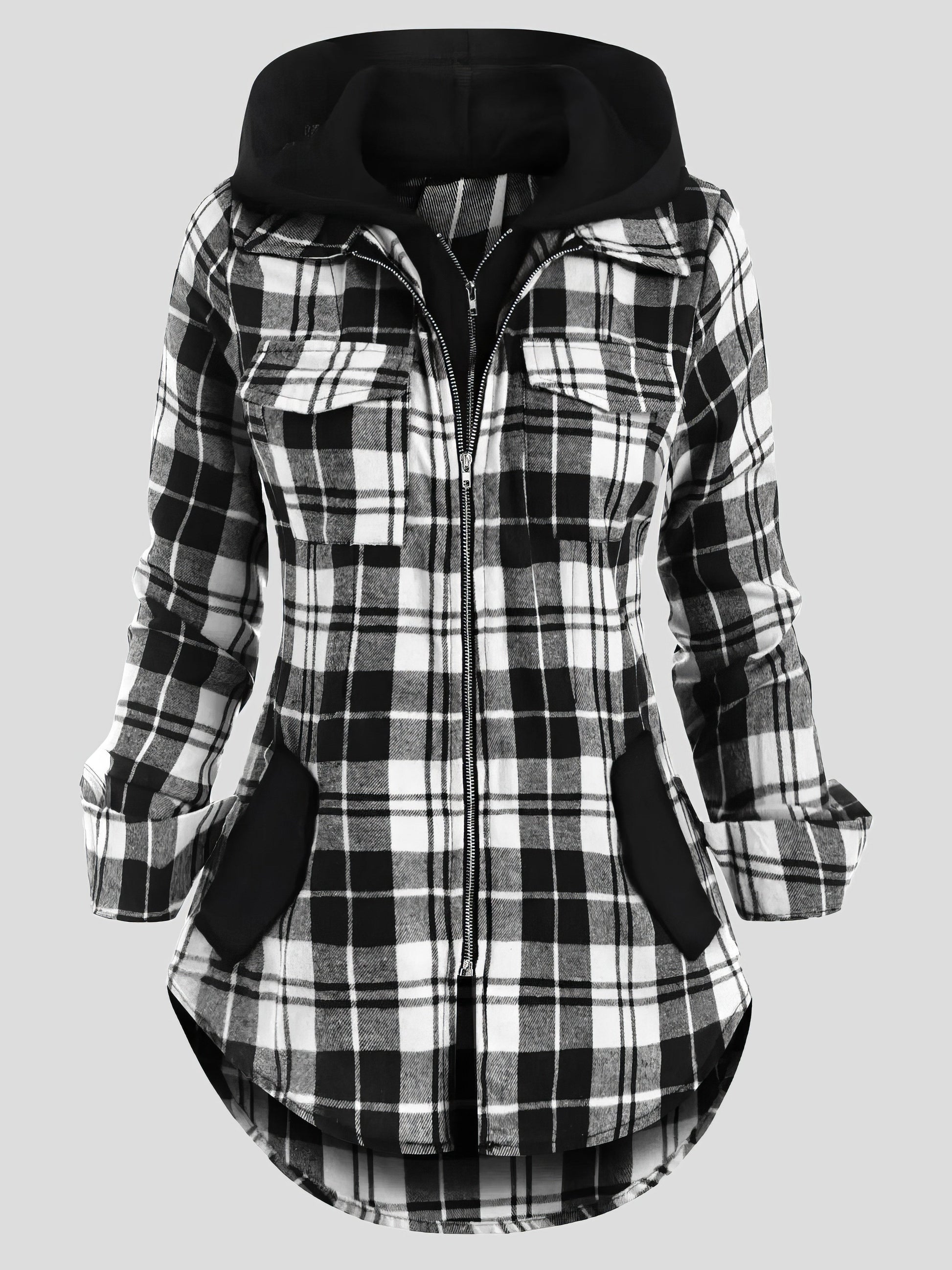 Coats Plaid Pocket Zipper Long Sleeve Hooded Coats - LuckyFash™