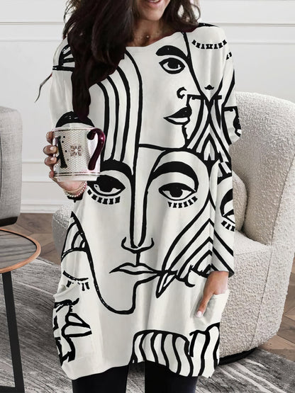 Mini Dresses Women's Dresses Abstract Face Print Round Neck Pocket Long Sleeve Dress MsDressly