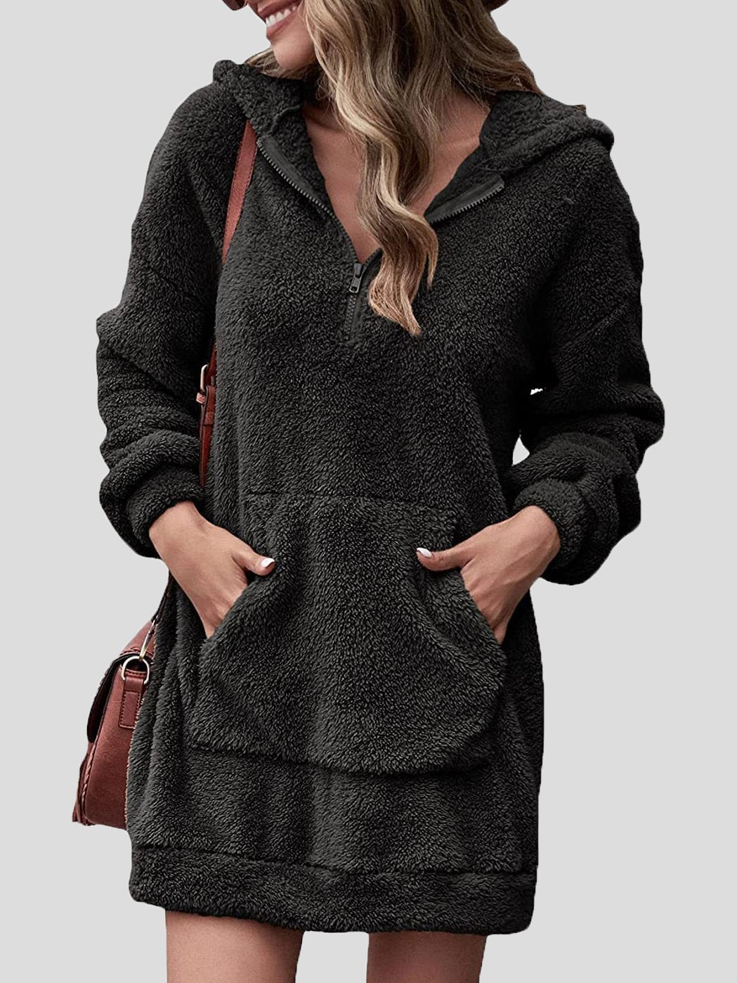 Women's Dresses Fleece Pocket Zipper Hooded Long Sleeve Dress - Mini Dresses - INS | Online Fashion Free Shipping Clothing, Dresses, Tops, Shoes - 15/11/2021 - Color_Black - Color_Gray