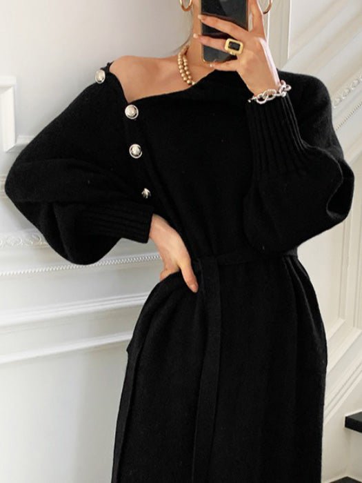 Women's Dresses High Neck Button Tie Long Sleeve Sweater Dress - Maxi Dresses - Instastyled | Online Fashion Free Shipping Clothing, Dresses, Tops, Shoes - 06/09/2022 - Color_Apricot - Color_Black