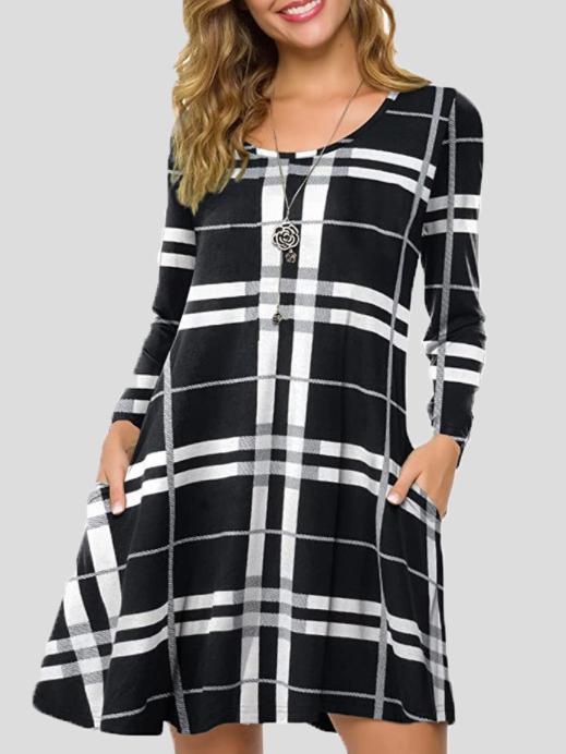 Women's Dresses Plaid Round Neck Pocket Long Sleeve Dress - Mini Dresses - INS | Online Fashion Free Shipping Clothing, Dresses, Tops, Shoes - 11/11/2021 - 20-30 - Casual Dresses