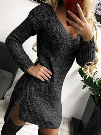 Women's Dresses V-Neck Long Sleeve Buttoned Knit Dress - Mini Dresses - INS | Online Fashion Free Shipping Clothing, Dresses, Tops, Shoes - 20/10/2021 - 30-40 - color-black