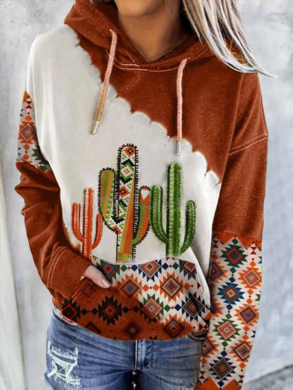 Women's Hoodies Cactus Print Pocket Long Sleeve Hoody - MsDressly