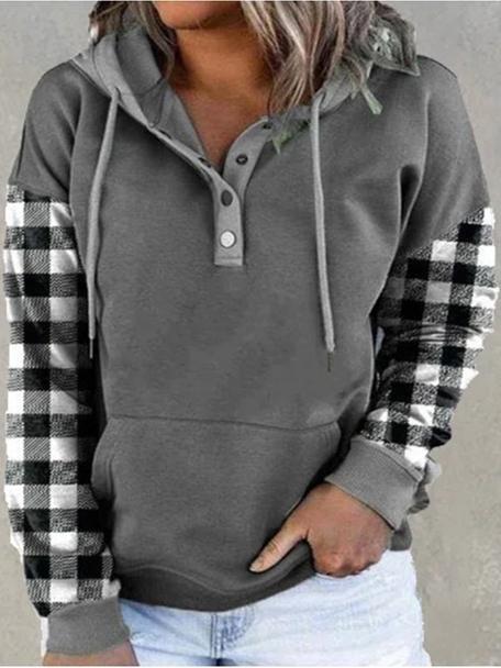 Women's Hoodies Check Drawstring Button Pocket Hoody - Hoodies - INS | Online Fashion Free Shipping Clothing, Dresses, Tops, Shoes - 20-30 - 23/10/2021 - color-gray