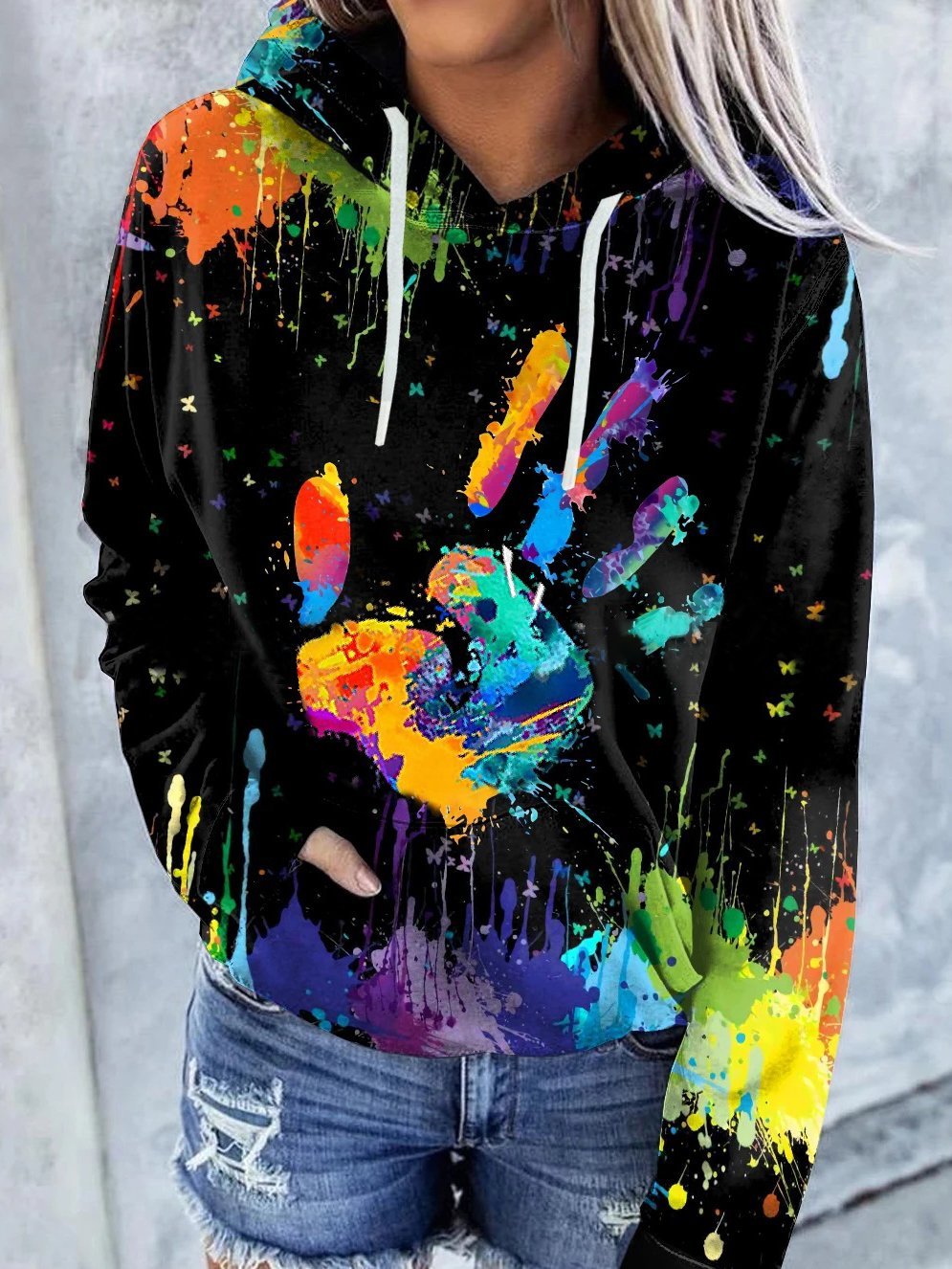 Women's Hoodies Colorful Palm Print Pocket Drawstring Hoodie - Hoodies - INS | Online Fashion Free Shipping Clothing, Dresses, Tops, Shoes - 20-30 - 25/10/2021 - color-black