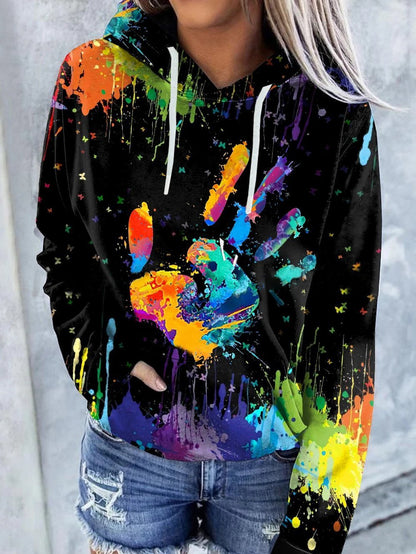 Women's Hoodies Colorful Palm Print Pocket Drawstring Hoodie - Hoodies - INS | Online Fashion Free Shipping Clothing, Dresses, Tops, Shoes - 20-30 - 25/10/2021 - color-black