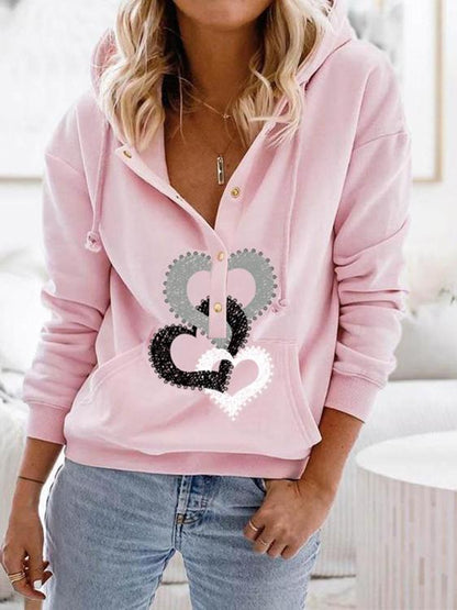 Women's Hoodies Heart Button Drawstring Long Sleeve Hoodie - LuckyFash™