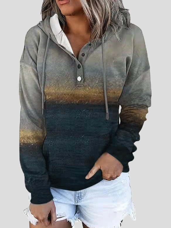 Women's Hoodies Landscape Drawstring Button Pocket Hoodie - Hoodies - INS | Online Fashion Free Shipping Clothing, Dresses, Tops, Shoes - 12/10/2021 - 20-30 - color-gray