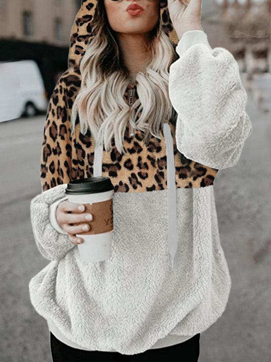 Women's Hoodies Leopard Print Zip Pocket Long Sleeve Hoody - MsDressly