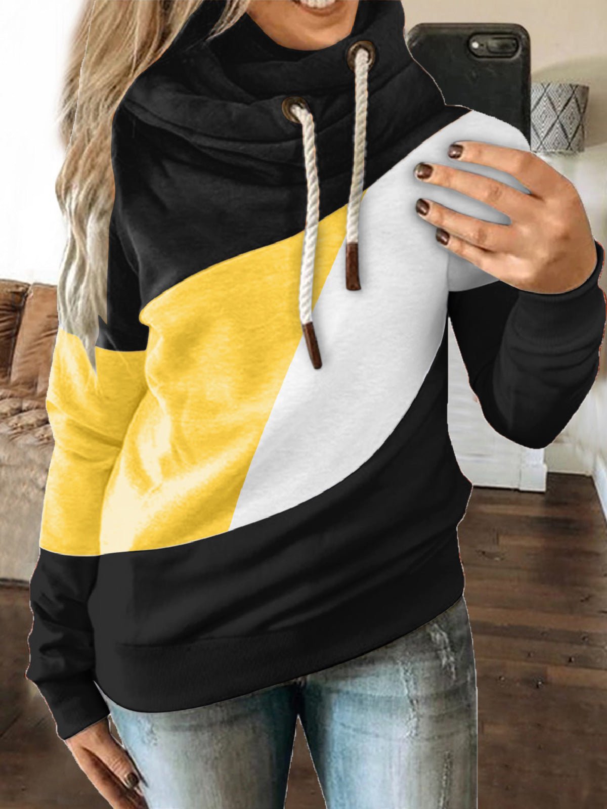 Women's Hoodies Tricolor Paneled Drawstring Long Sleeve Hoody - MsDressly