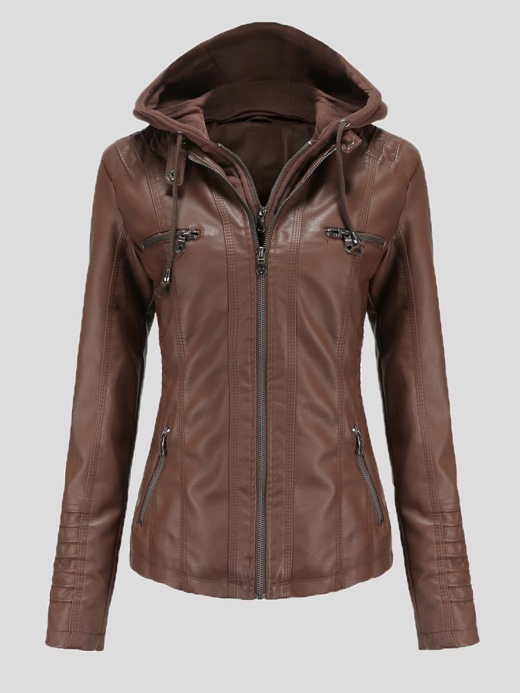 Women's Jackets Hooded Zipper Detachable Pu Leather Jacket - Coats & Jackets - INS | Online Fashion Free Shipping Clothing, Dresses, Tops, Shoes - 27/08/2021 - Coats & Jackets - color-apricot