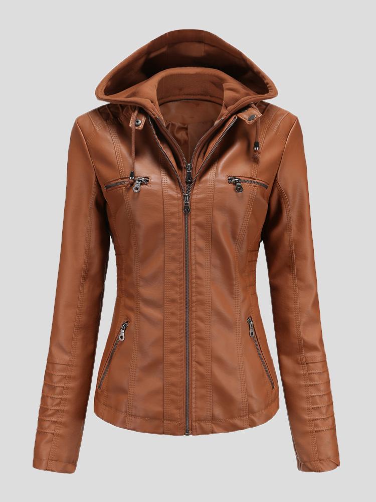 Women's Jackets Hooded Zipper Detachable Pu Leather Jacket - Coats & Jackets - INS | Online Fashion Free Shipping Clothing, Dresses, Tops, Shoes - 27/08/2021 - Coats & Jackets - color-apricot